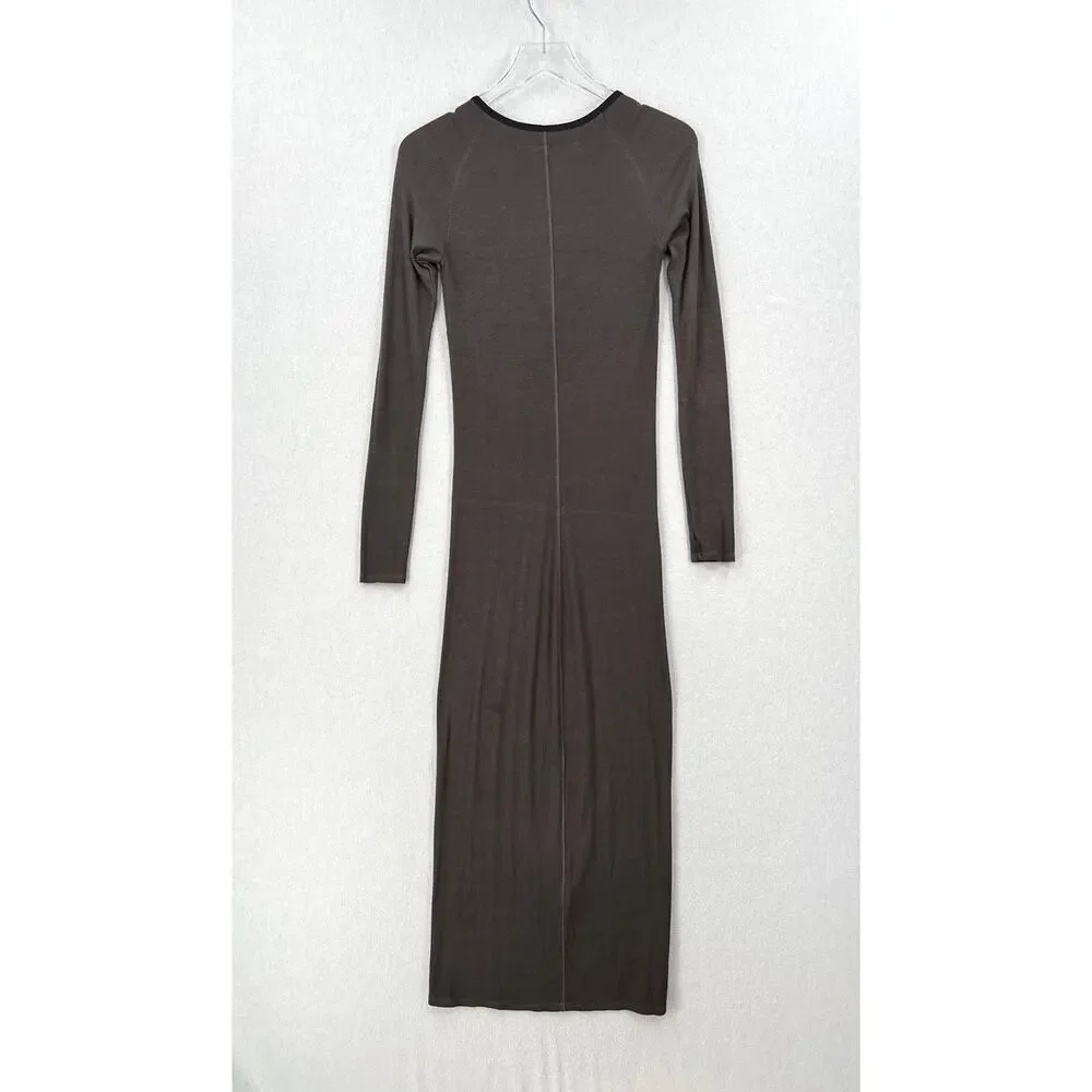 ENZA COSTA Silk Rib Long Sleeve Scoop Dress Women Medium Gray Black Maxi Stretch - Picture 3 of 14